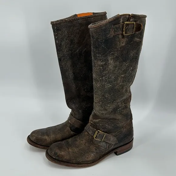 Frye Veronica Slouch Black/brown distressed Leather Boots size 6.5