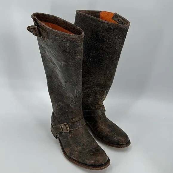 Frye Veronica Slouch Black/brown distressed Leather Boots size 6.5