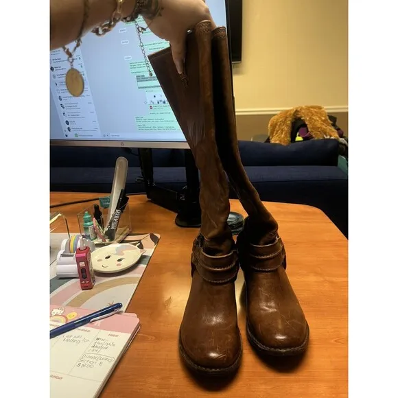 Frye Women’s 6.5B Leather Carmen Harness Tall Knee High Boots Cognac Color