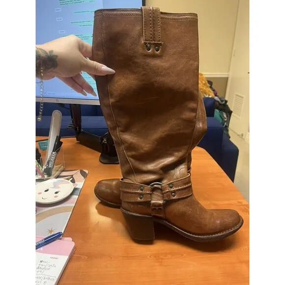 Frye Women’s 6.5B Leather Carmen Harness Tall Knee High Boots Cognac Color