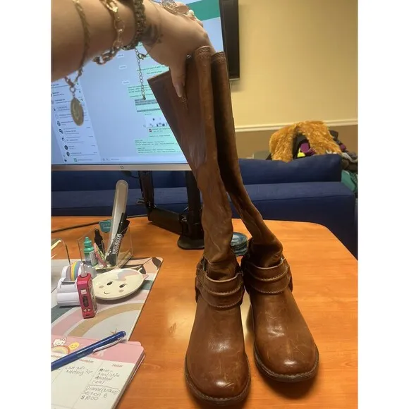 Frye Women’s 6.5B Leather Carmen Harness Tall Knee High Boots Cognac Color