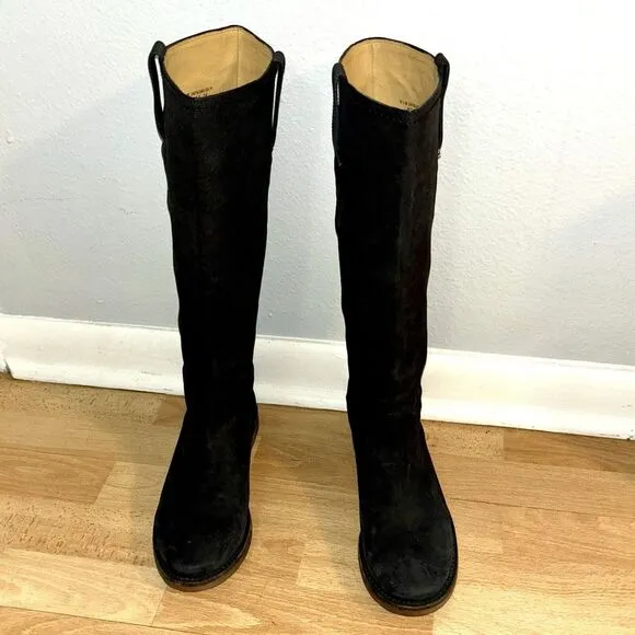 Frye Womens 8.5B Distressed Black Leather 15&quot; Shaft Knee High Riding‎ Boots