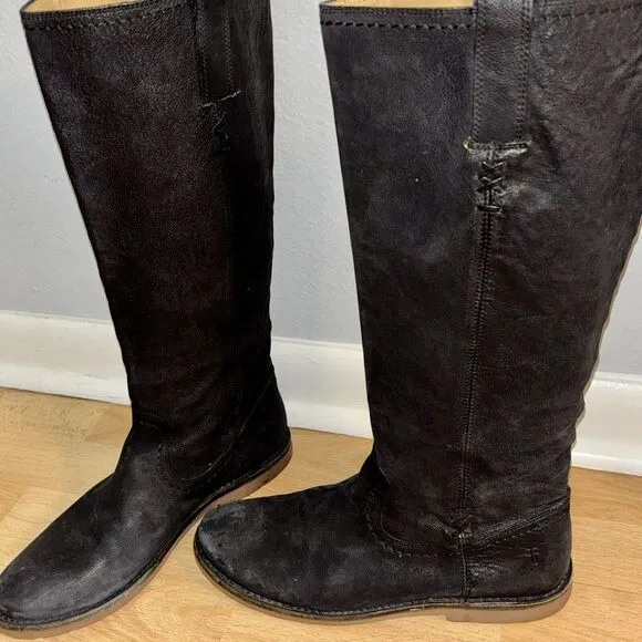 Frye Womens 8.5B Distressed Black Leather 15&quot; Shaft Knee High Riding‎ Boots