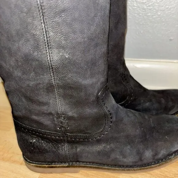 Frye Womens 8.5B Distressed Black Leather 15&quot; Shaft Knee High Riding‎ Boots