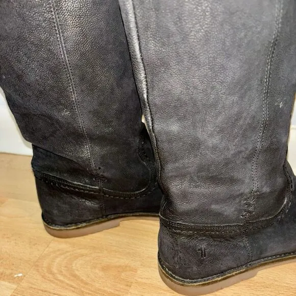 Frye Womens 8.5B Distressed Black Leather 15&quot; Shaft Knee High Riding‎ Boots