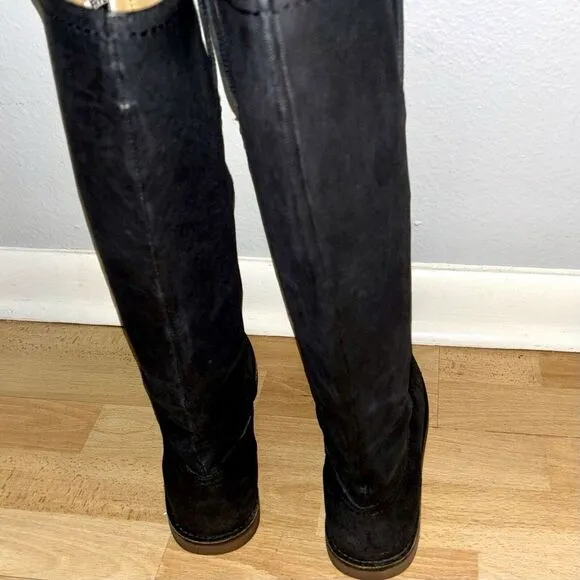 Frye Womens 8.5B Distressed Black Leather 15&quot; Shaft Knee High Riding‎ Boots
