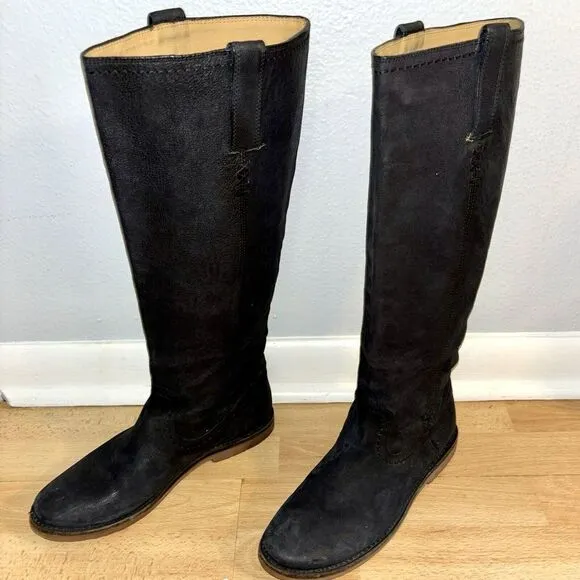 Frye Womens 8.5B Distressed Black Leather 15&quot; Shaft Knee High Riding‎ Boots
