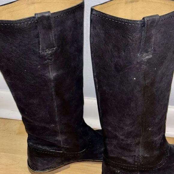 Frye Womens 8.5B Distressed Black Leather 15&quot; Shaft Knee High Riding‎ Boots