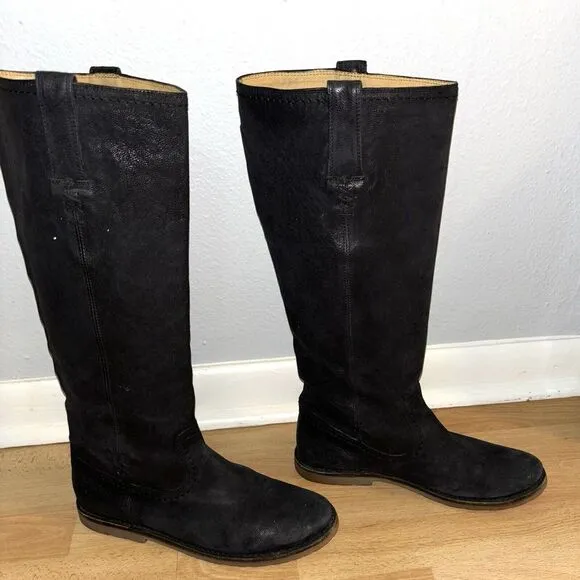 Frye Womens 8.5B Distressed Black Leather 15&quot; Shaft Knee High Riding‎ Boots