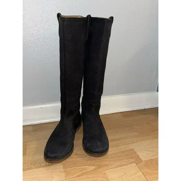 Frye Womens 8.5B Distressed Black Leather 15&quot; Shaft Knee High Riding‎ Boots