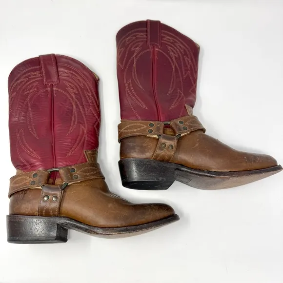 FRYE Women's Billy Harness Western Cowboy Boots Burgundy Brown