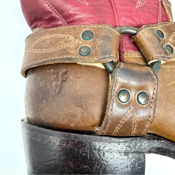 FRYE Women's Billy Harness Western Cowboy Boots Burgundy Brown
