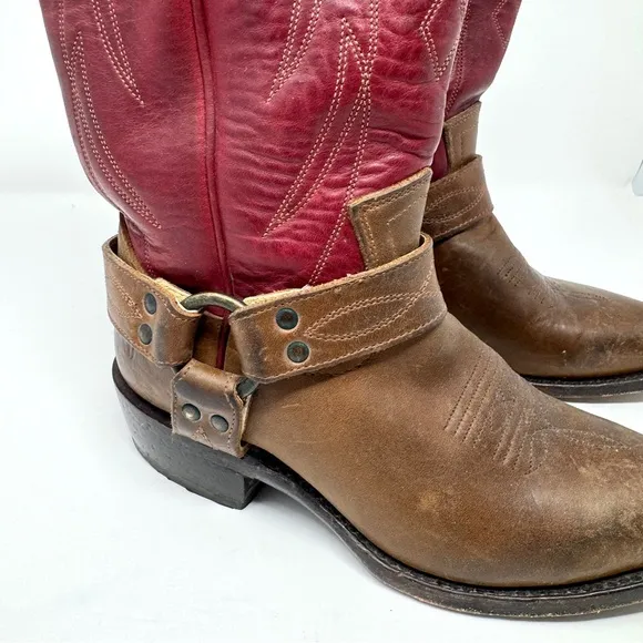FRYE Women's Billy Harness Western Cowboy Boots Burgundy Brown