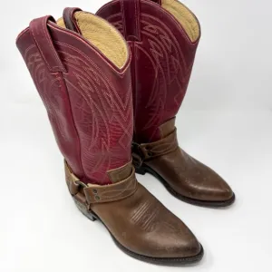 FRYE Women's Billy Harness Western Cowboy Boots Burgundy Brown
