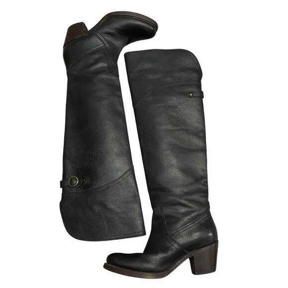Frye Women's Jane Tall Riding Cuff Black Leather Knee-High Boots 5.5