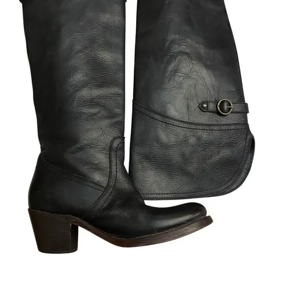 Frye Women's Jane Tall Riding Cuff Black Leather Knee-High Boots 5.5