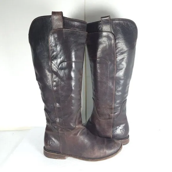 Frye Women's Paige US7,5B Distressed Leather Brown Tall Equestrian Riding Boots