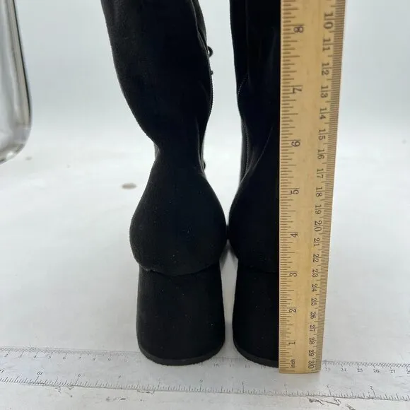 FSJ Black Round Toe Chunky Block Heel Knee High Riding Boots Laces Dress Shoes