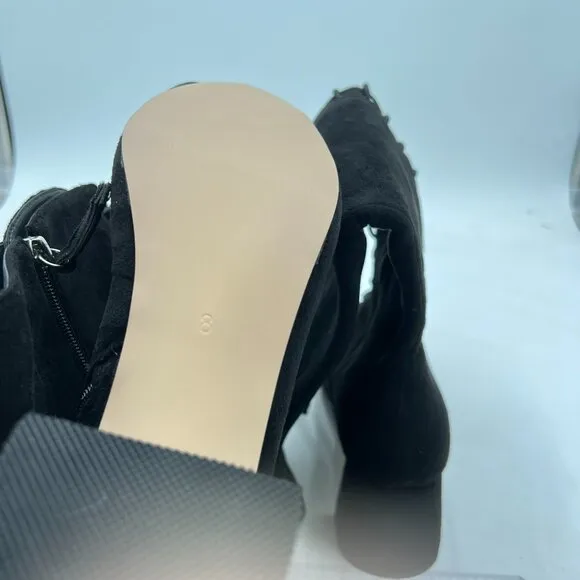 FSJ Black Round Toe Chunky Block Heel Knee High Riding Boots Laces Dress Shoes
