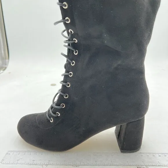 FSJ Black Round Toe Chunky Block Heel Knee High Riding Boots Laces Dress Shoes
