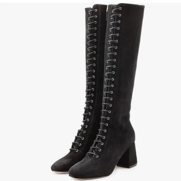 FSJ Black Round Toe Chunky Block Heel Knee High Riding Boots Laces Dress Shoes