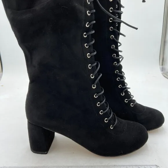 FSJ Black Round Toe Chunky Block Heel Knee High Riding Boots Laces Dress Shoes