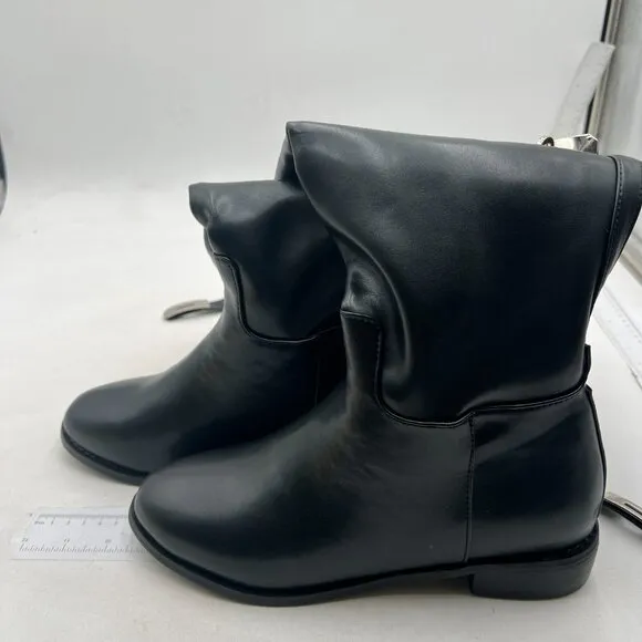 FSJ Women Regular Round Toe Flat Riding Knee High Boots Wide Calf Black Boots
