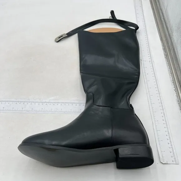 FSJ Women Regular Round Toe Flat Riding Knee High Boots Wide Calf Black Boots