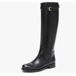 FSJ Women Regular Round Toe Flat Riding Knee High Boots Wide Calf Black Boots