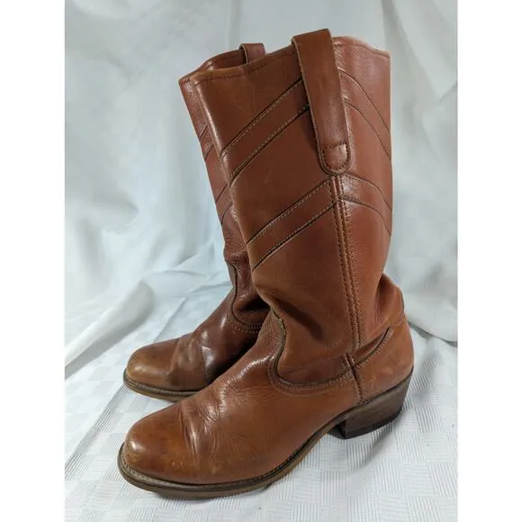 GORGEOUS MANDARIN BROWN GENUINE LEATHER WESTERN STYLE STACK HEEL BOOTS! SZ 9.5