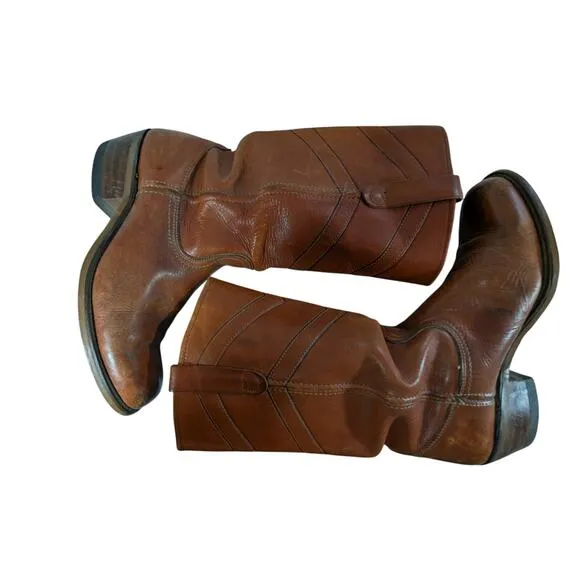 GORGEOUS MANDARIN BROWN GENUINE LEATHER WESTERN STYLE STACK HEEL BOOTS! SZ 9.5