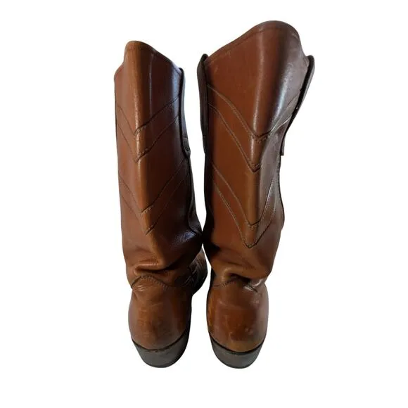GORGEOUS MANDARIN BROWN GENUINE LEATHER WESTERN STYLE STACK HEEL BOOTS! SZ 9.5