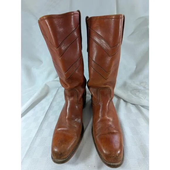 GORGEOUS MANDARIN BROWN GENUINE LEATHER WESTERN STYLE STACK HEEL BOOTS! SZ 9.5