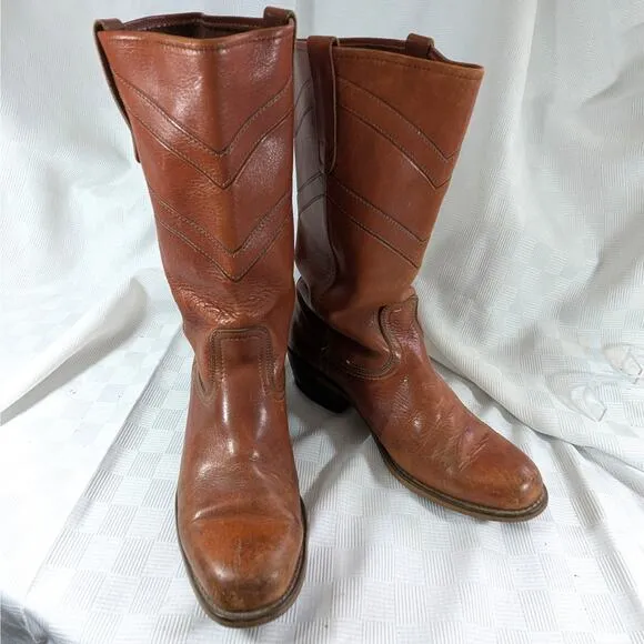 GORGEOUS MANDARIN BROWN GENUINE LEATHER WESTERN STYLE STACK HEEL BOOTS! SZ 9.5