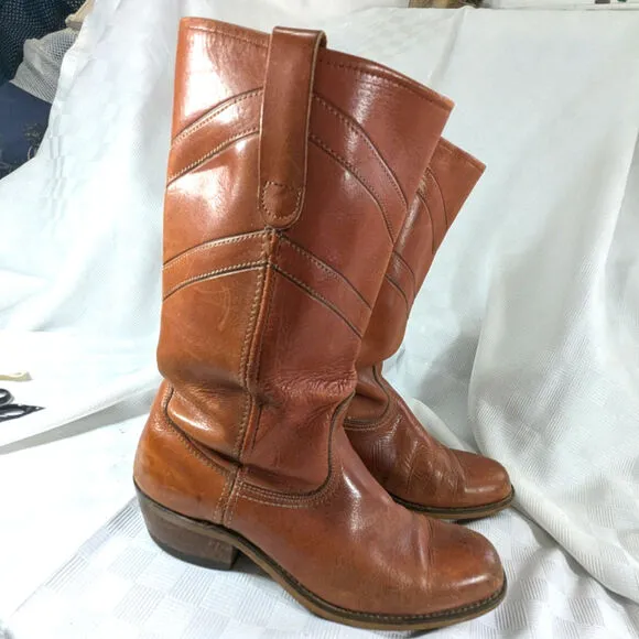 GORGEOUS MANDARIN BROWN GENUINE LEATHER WESTERN STYLE STACK HEEL BOOTS! SZ 9.5