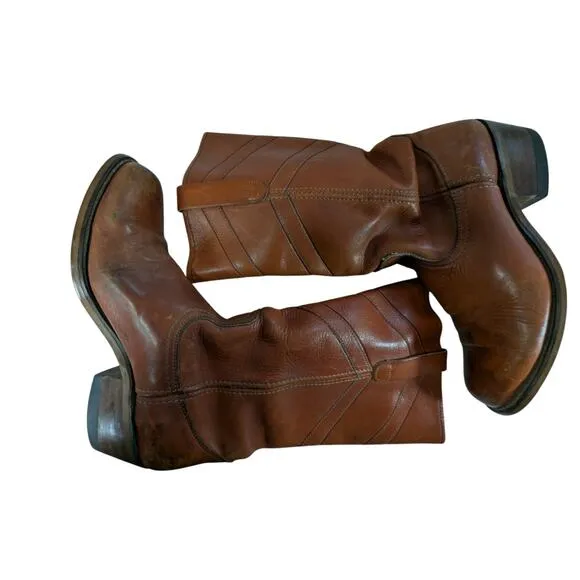 GORGEOUS MANDARIN BROWN GENUINE LEATHER WESTERN STYLE STACK HEEL BOOTS! SZ 9.5