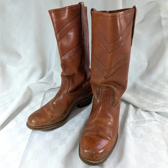 GORGEOUS MANDARIN BROWN GENUINE LEATHER WESTERN STYLE STACK HEEL BOOTS! SZ 9.5