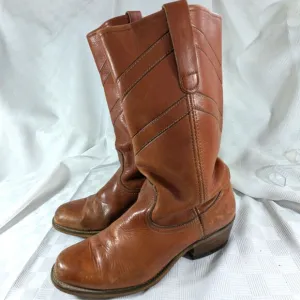 GORGEOUS MANDARIN BROWN GENUINE LEATHER WESTERN STYLE STACK HEEL BOOTS! SZ 9.5