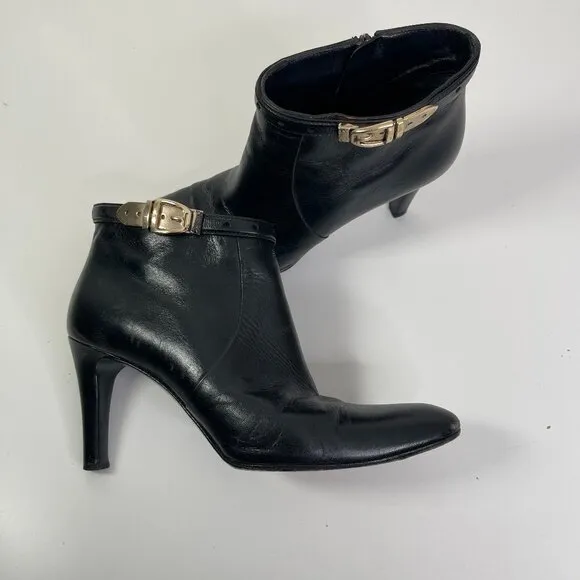 Gucci Women's Black Leather Pointed Toe Side Zip Buckle Ankle Boots US Size 9B