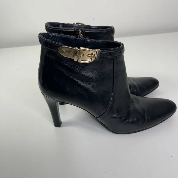 Gucci Women's Black Leather Pointed Toe Side Zip Buckle Ankle Boots US Size 9B