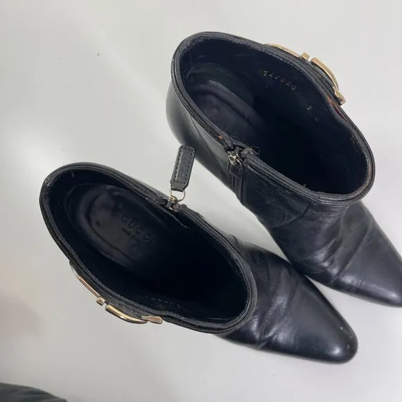 Gucci Women's Black Leather Pointed Toe Side Zip Buckle Ankle Boots US Size 9B
