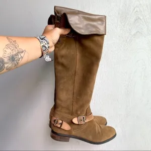 GUESS Brown Green Over the Knee Suede Boots | Equestrian Style | Buckle Details