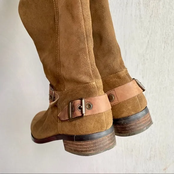 GUESS Brown Green Over the Knee Suede Boots | Equestrian Style | Buckle Details