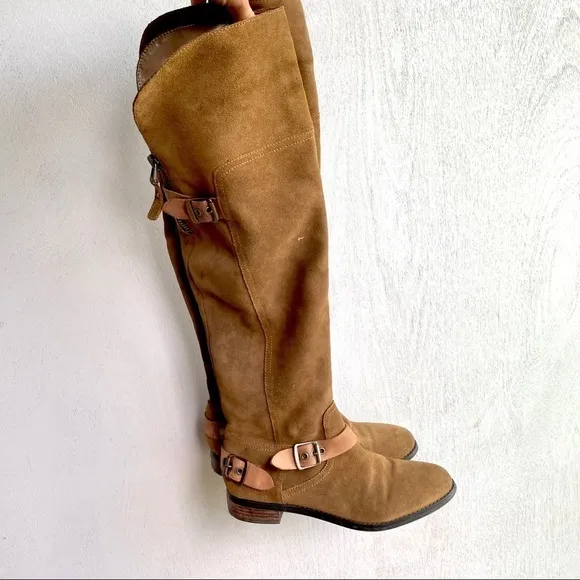 GUESS Brown Green Over the Knee Suede Boots | Equestrian Style | Buckle Details