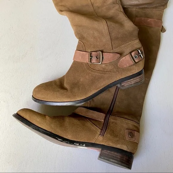 GUESS Brown Green Over the Knee Suede Boots | Equestrian Style | Buckle Details
