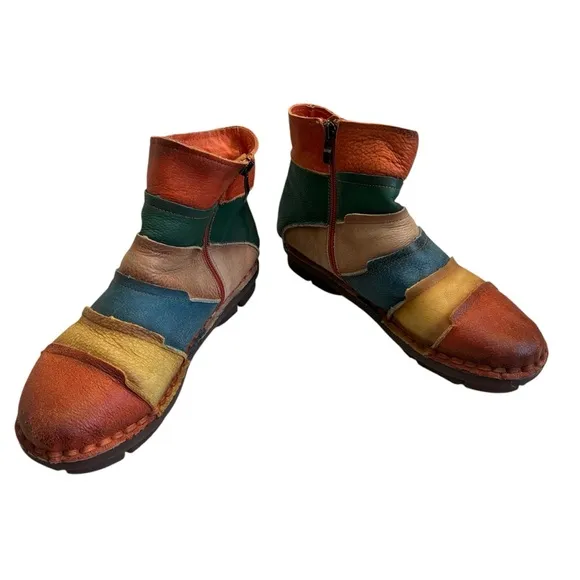 Handmade Leather Retro Patchwork Seamed Ankle Boots, Sz EU 43