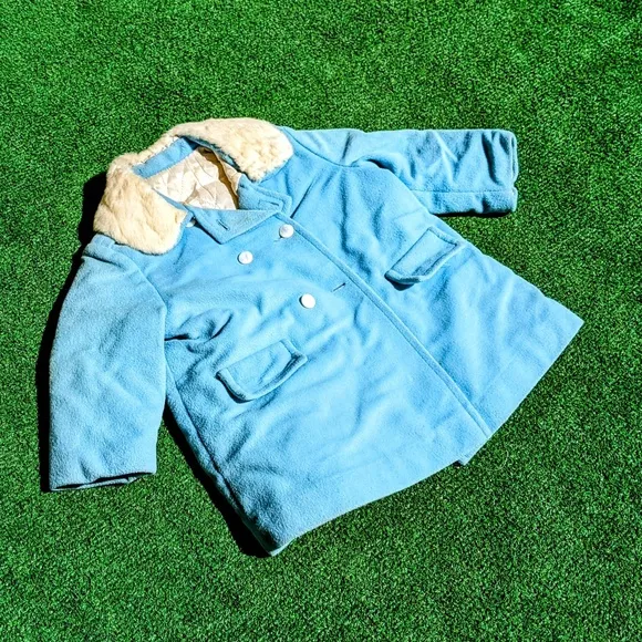 Handmade Retro 1970s Baby Blue Winter Coat/Overall/Hat 3Pc Vintage 18-24mths Set