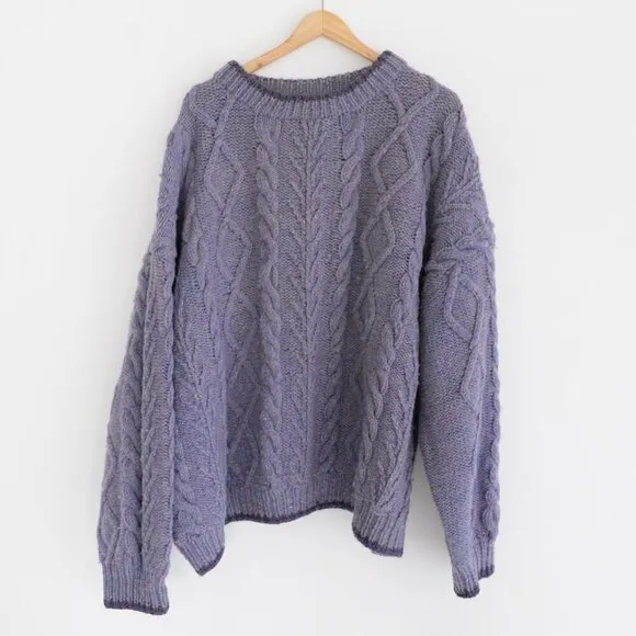 Handmade Wool Purple Lavender Cable Knit Winter 3D Pattern Crewneck Sweater 2XL