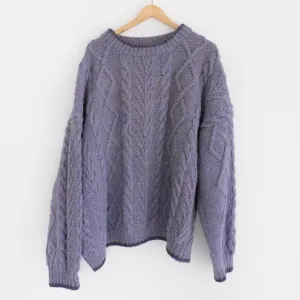 Handmade Wool Purple Lavender Cable Knit Winter 3D Pattern Crewneck Sweater 2XL