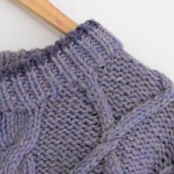 Handmade Wool Purple Lavender Cable Knit Winter 3D Pattern Crewneck Sweater 2XL